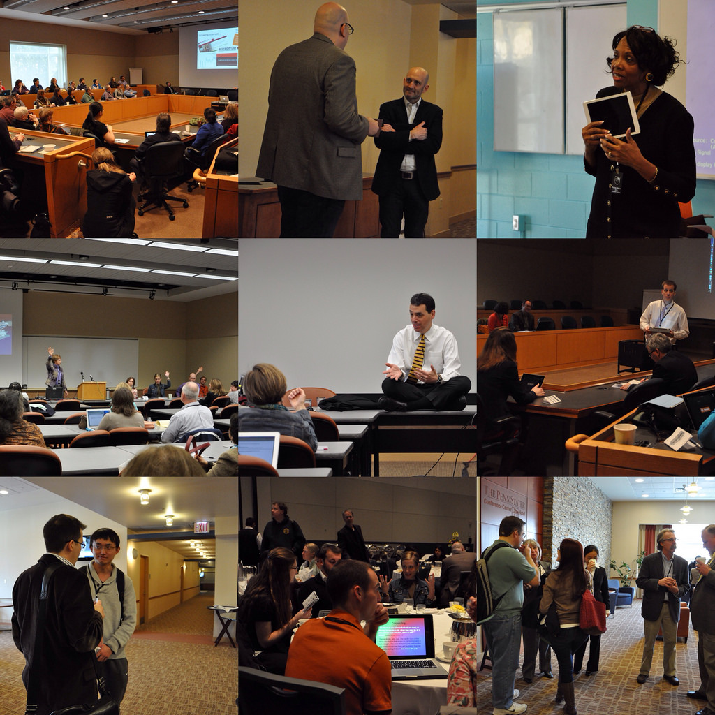 A montage of nine photos from the 2014 TLT Symposium including presentations taking place and conversations between attendees at various times throughout the day.